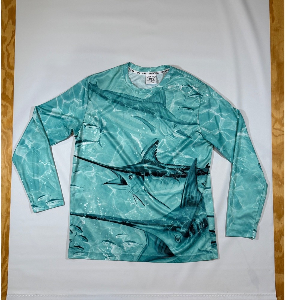 Spicy Tuna Fishing Shirt Mens Med UV Teal Marlin Graphic Performance Long Sleeve